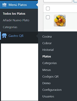 Menu lateral de WordPress con todas las opciones de Gastro QR Menu